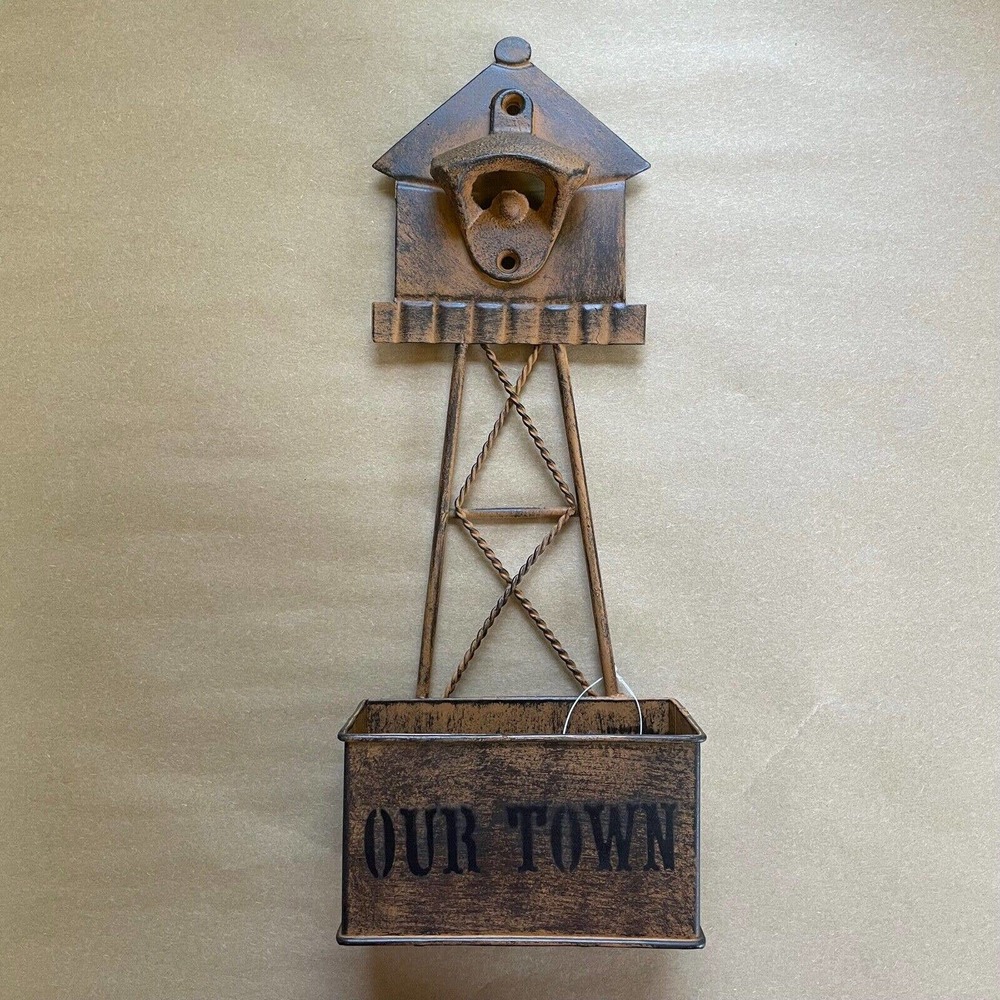 Rustic Wall Mounted Bottle Opener Metal Water Tower Our Town Catches Lids Decor